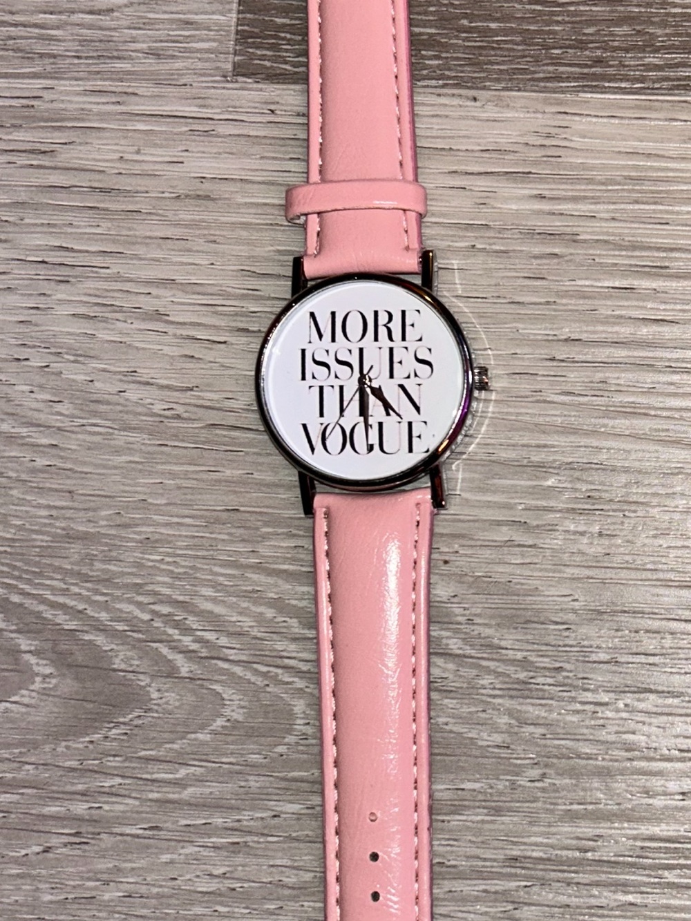 Pink Leather Strap Watch with 'More Issues Than Vogue' Dial